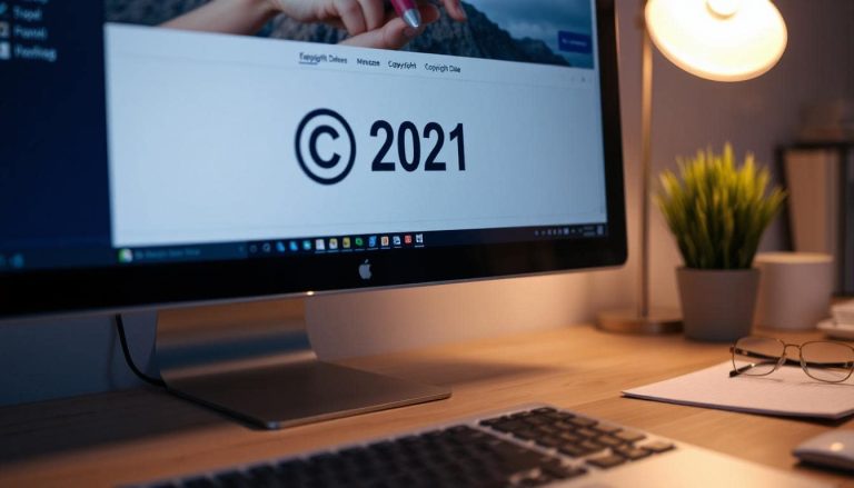 A close-up of a website footer on a computer screen showing a © copyright date.