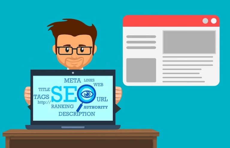 Illustration of man with a laptop which says "SEO" on the screen