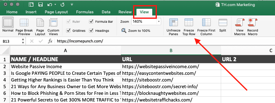 View tab and Freeze Top Row button in Excel