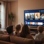 A family watching TV in the living room, looking at a channel guide
