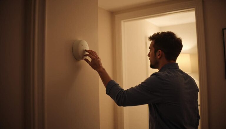 A man trying to turn off the smoke alarm that keep beeping