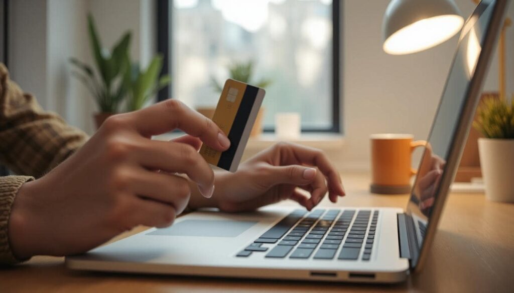 Someone using their credit card with their laptop