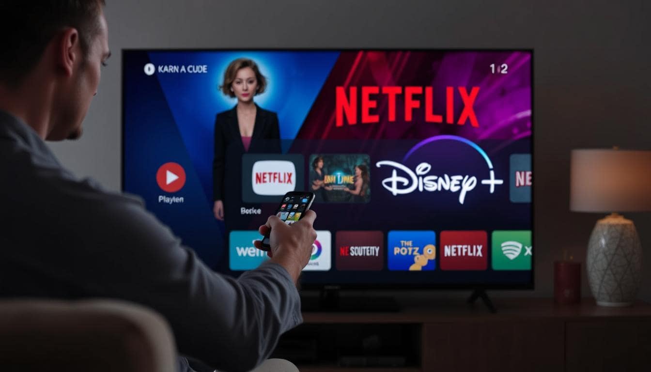 A person comparing apps on their smart TV — CUE on one side, Netflix and Disney+ logos greyed out or separate.