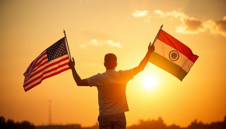 A person from India holding the flag of India and a flag of America