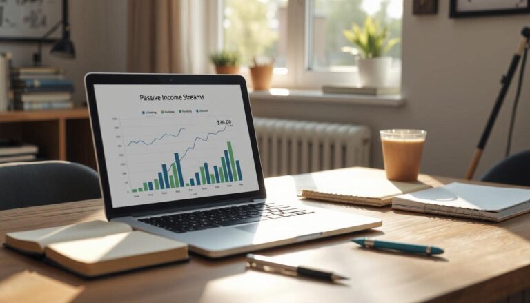 A modern home office with a laptop showing recurring monthly income graphs, a notebook labeled "Passive Income Streams," and natural sunlight coming through a nearby window.