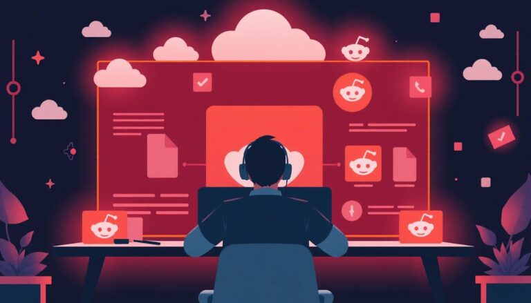 Someone downloading files from multiple sources through a futuristic interface, with Reddit icons and cloud storage graphics.