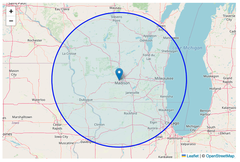 A pin on a map with a shaded area in a radius around the pin point showing the service area of a company.