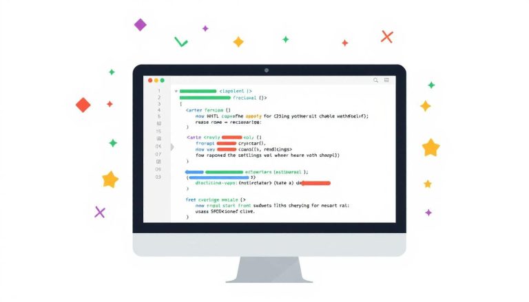 Illustration of coding on a screen with stars surrounding it.