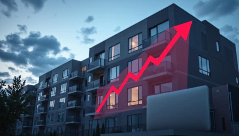 An upward arrow on a condominium building showing dues going up.