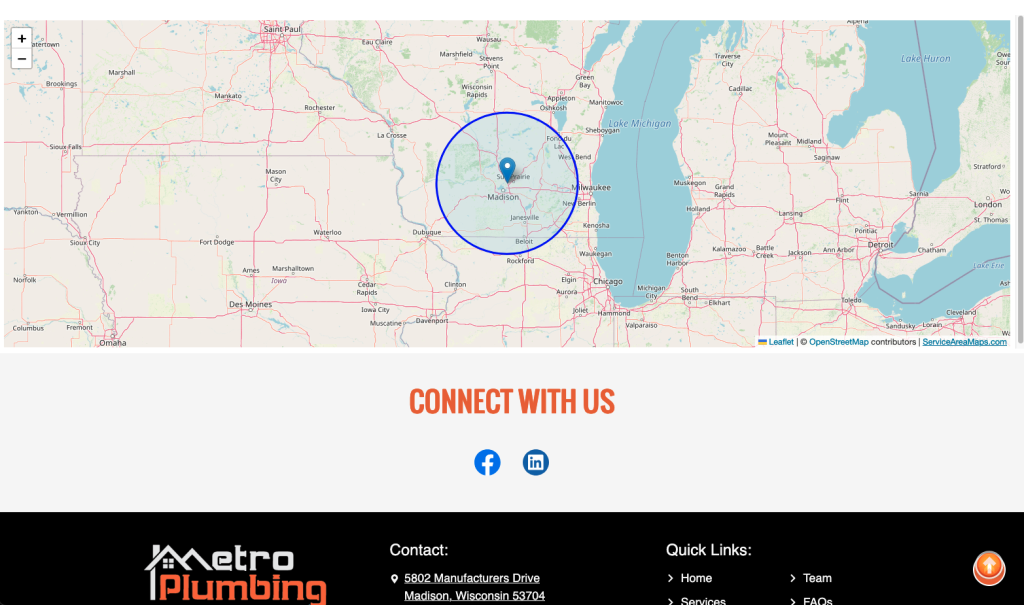 Service area map above the footer on a website.