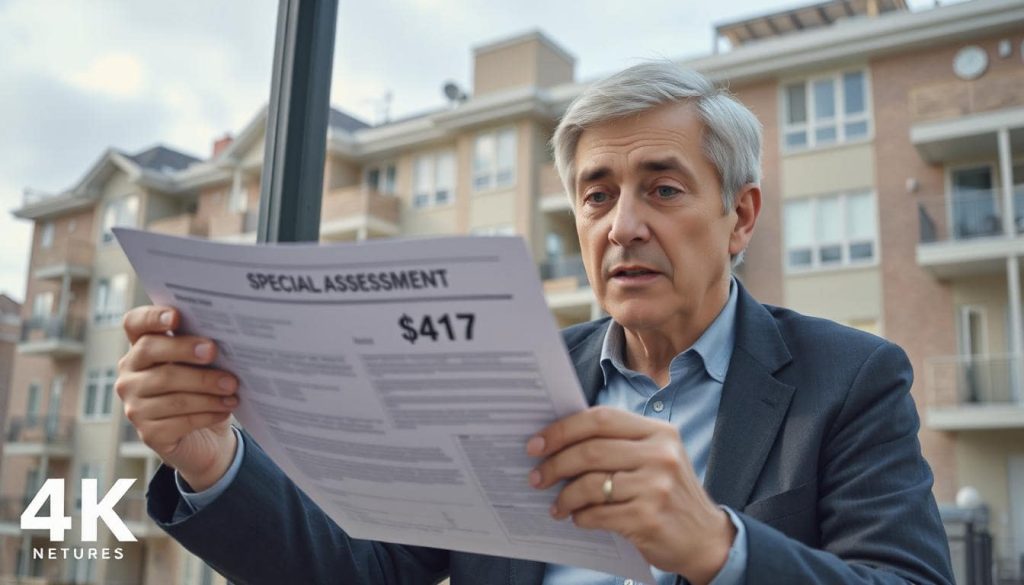 A man getting information about a $417 special assessment.