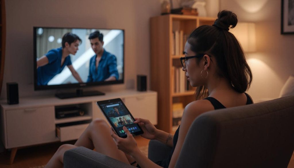 A girl watching TV and a show on her tablet at the same time.