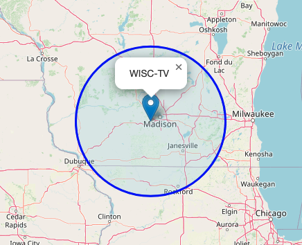 A sample broadcast area for a TV channel