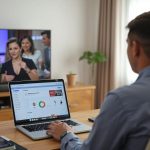 Someone watching CUE TV on a screen and working on their laptop.