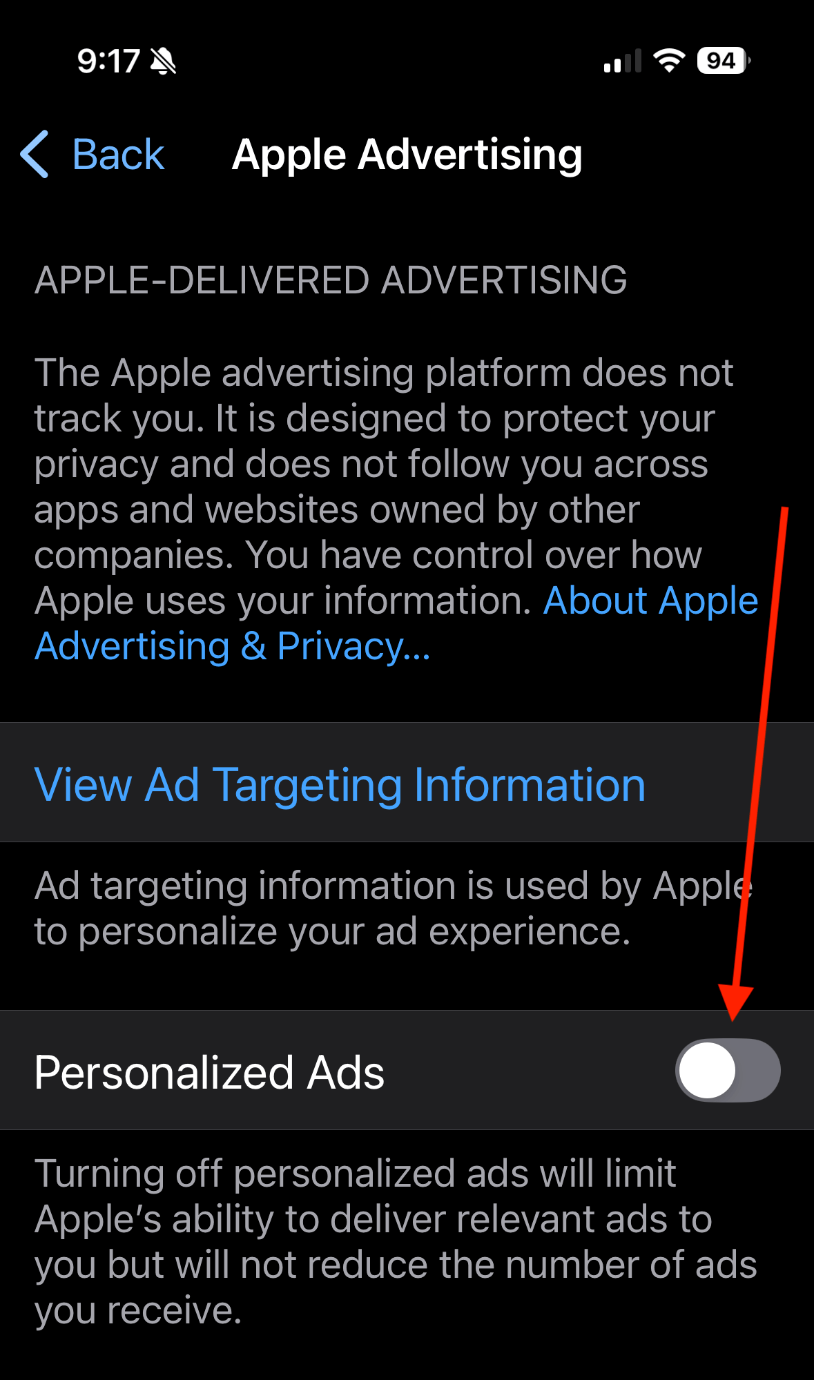 Turn off "Personalized Ads" in iPhone Privacy settings