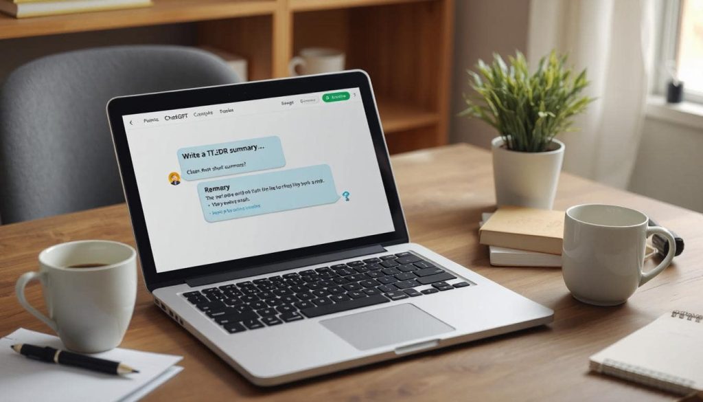 A laptop screen showing ChatGPT or an AI writing assistant interface with a visible prompt that says “Write a TL;DR summary…” on the left side, and a clean, short summary response on the right.