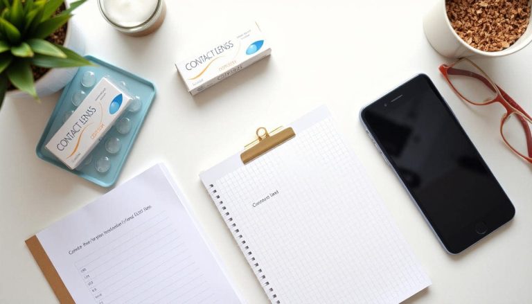 A pack of contact lenses on a desk with other items like a phone and notepad