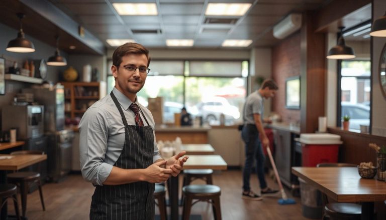 A manager calmly assigning tasks in a fast-paced restaurant while a teenager scrubs floors in the background.