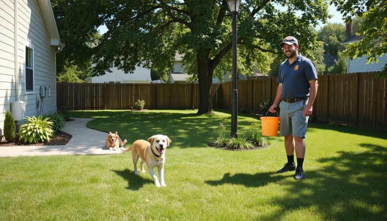 Pooptopia dog poop pickup worker cleaning a yard in Kenosha, WI while a dog plays nearby.