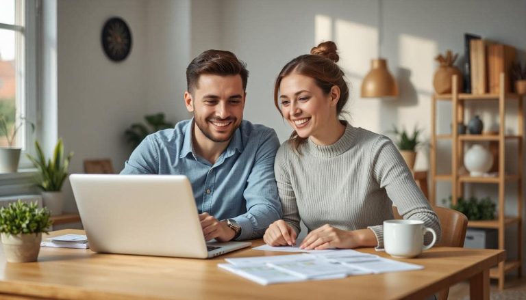A couple using a laptop, working on their finances with coffee near by.