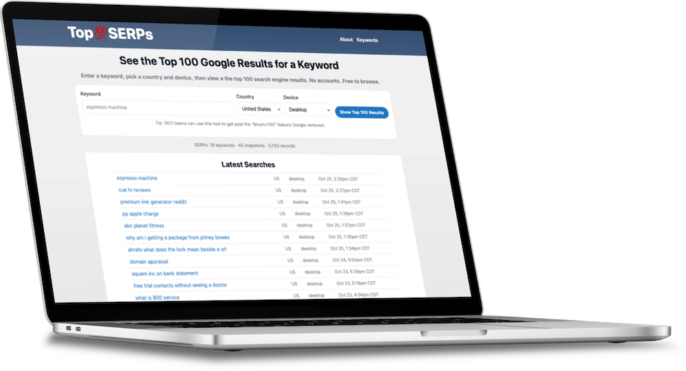 Top100SERPs.com on a laptop.