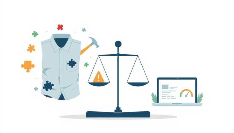 Side-by-side illustration comparing ‘cheap’ vs. ‘quality’—wrinkled shirt and bent hammer vs. crisp shirt and sturdy hammer, plus slow vs. fast website cues—to show that low price increases risk and long-term cost.