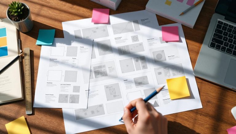 Overhead view of a desk with webpage wireframes and colorful overlays arranged for review.