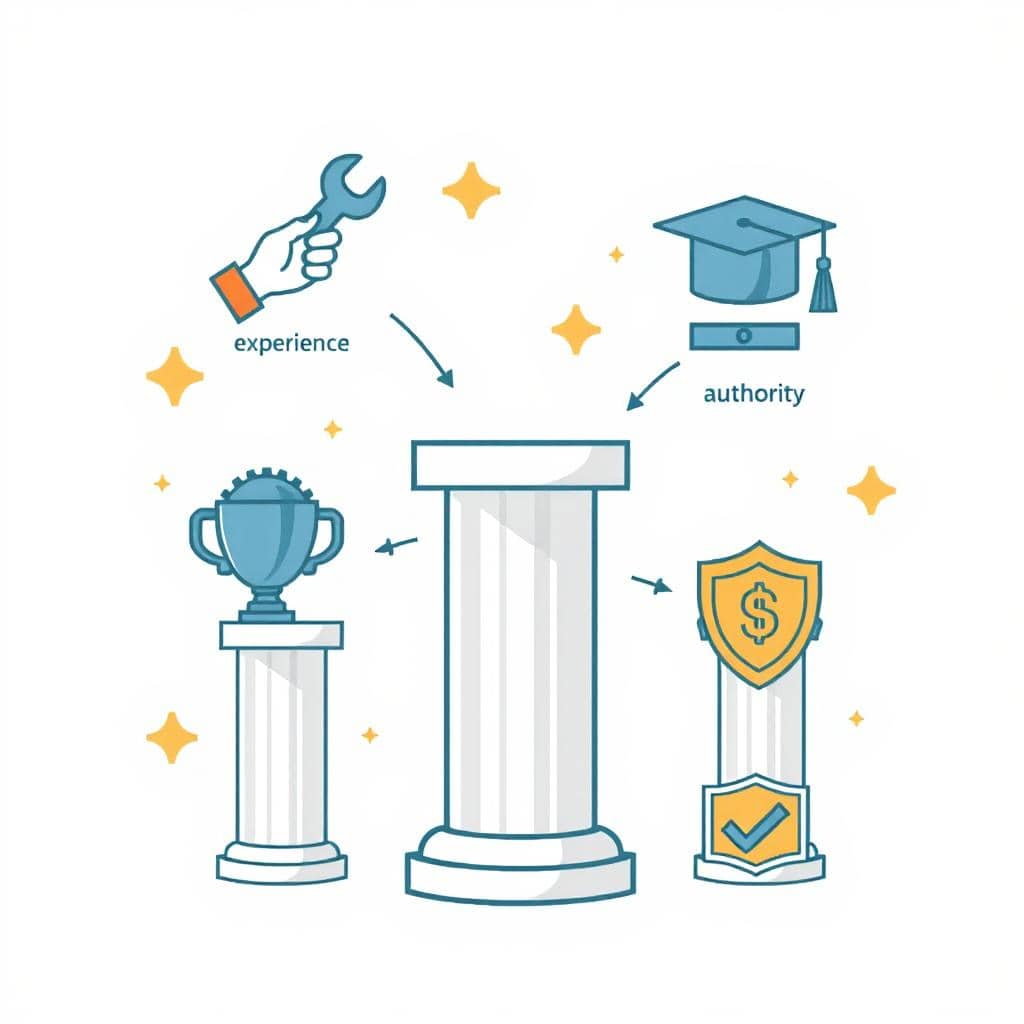 Pillars with trust and experience shown in symbols.