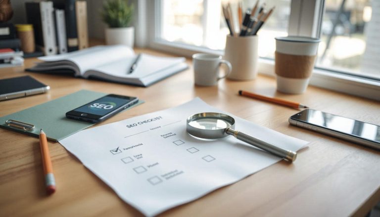 A neatly arranged desk with a printed SEO checklist lying flat, surrounded by relevant tools—a magnifying glass highlighting a keyword section, a pencil checking off completed items, and a smartphone displaying analytics, all under soft natural light from a nearby window, shallow depth of field blurring the slightly cluttered background (notebooks, coffee mug), clean modern aesthetic with muted greens and blues, subtle shadows adding depth, no text overlays, photorealistic style.