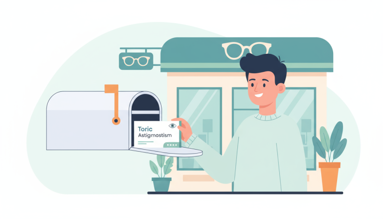 Person opening a mailbox to find a box of toric contact lenses for astigmatism delivered by mail.