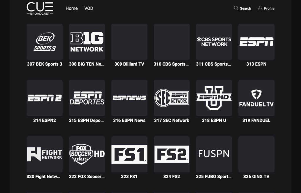 Channels listed on CUE