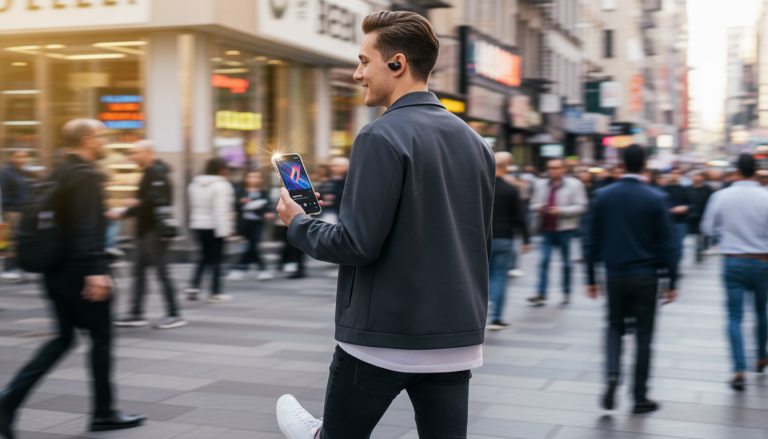 A man on the street using Apple Music on his phone as the world goes by.