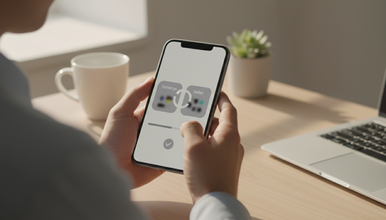 Over-the-shoulder photo of a person holding a smartphone showing a generic crypto transfer screen.
