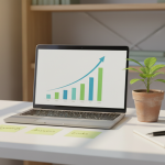 A clean, modern desk scene with a laptop showing an upward website analytics chart.