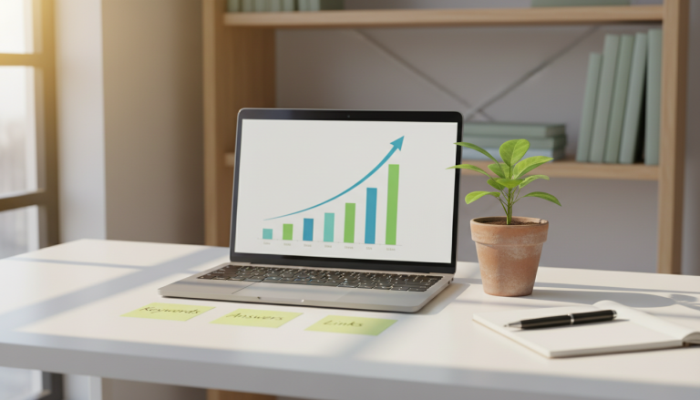 A clean, modern desk scene with a laptop showing an upward website analytics chart.