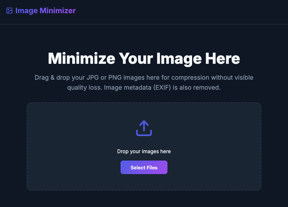 ImageMinimizer.com website screen shot showing a place to upload (drag and drop) and image.