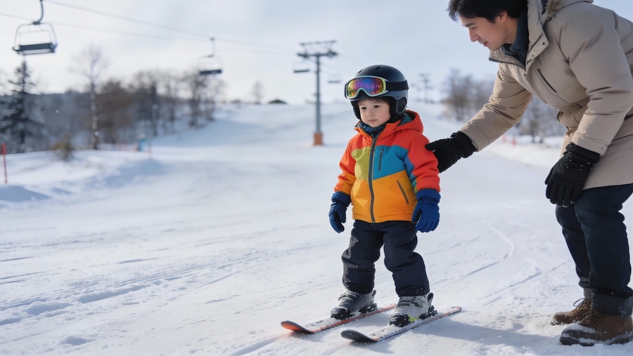 A boy on skis with an adult.