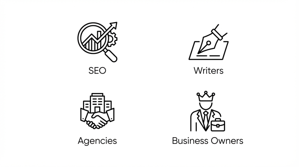 Minimal icon grid with labels: ‘SEO’, ‘Writers’, ‘Agencies’, ‘Business Owners’. Simple consistent line icons, clean spacing, white background, modern style.