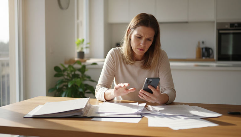 Woman searching through papers for important household information.
